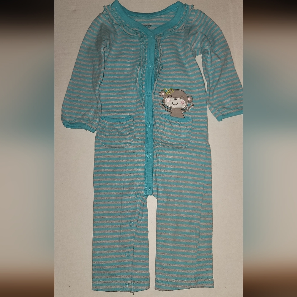 Carters striped pajamas with monkey embroidery blue gray